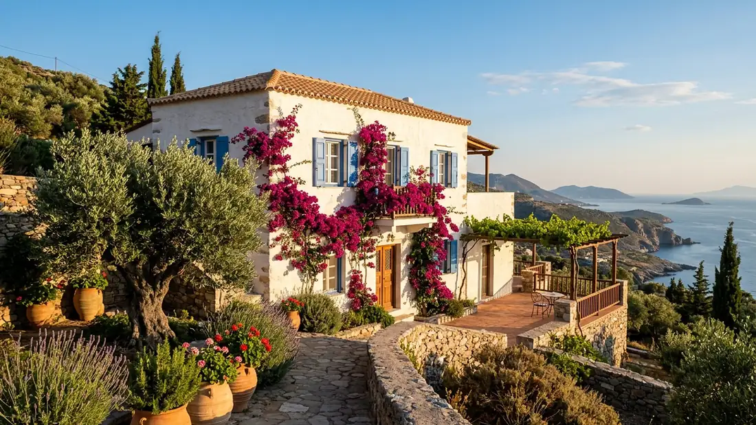 Casa bianca con persiane blu, porta blu e bougainvillea rosa a Skopelos, in Grecia